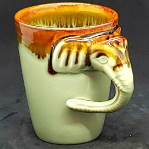 Green Brown Drip Glaze Ceramic Elephant Shaped Handle Mug